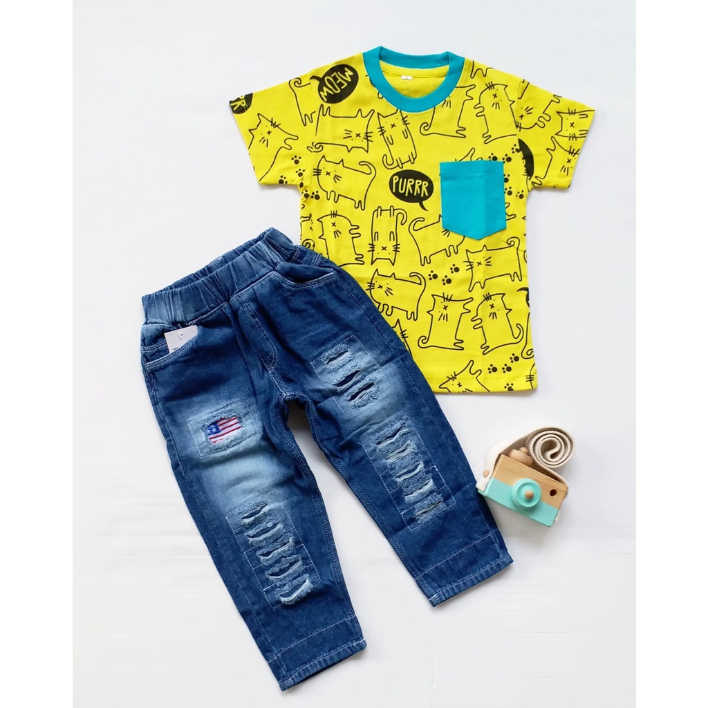 HappyOliver SET BRYAN FLAG EBV Setelan Kemeja Bayi Laki-laki Lengan Pendek celana jeans