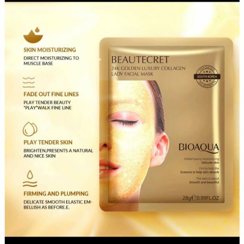 BIOAQUA Beautecret 24K Golden Luxury Collagen Lady Masker Wajah | Facial Mask | Masker Wajah GOLD 24K