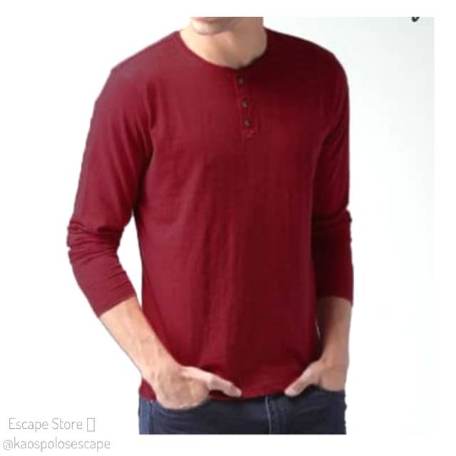 Kaos Henley Kancing Polos LENGAN PANJANG - MERAH MAROON