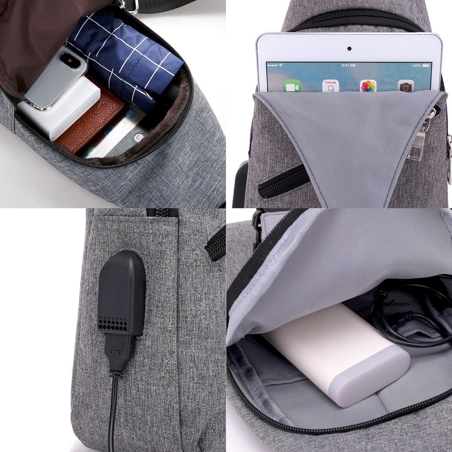 Tas Selempang Pria Dengan Port USB Charger / Tas Pria Import Waterproof