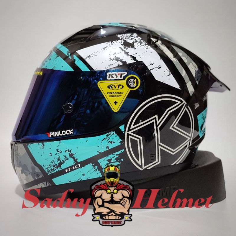 HELM KYT R10 SOLID HITAM DOP - BLACK DOP PAKET GANTENG-Paket #3 Aqua Blue