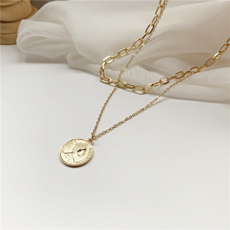 Ins Retro Long Chain Necklace Portrait Hip Hop Gold Multi-layered Coin Necklace Personality Double Layer