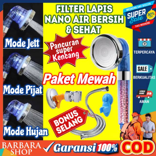 Kepala Shower Mandi ion Jet SPA 3 Mode Pancuran Hujan Bonus Selang 140cm ionizer Healthy Crystal