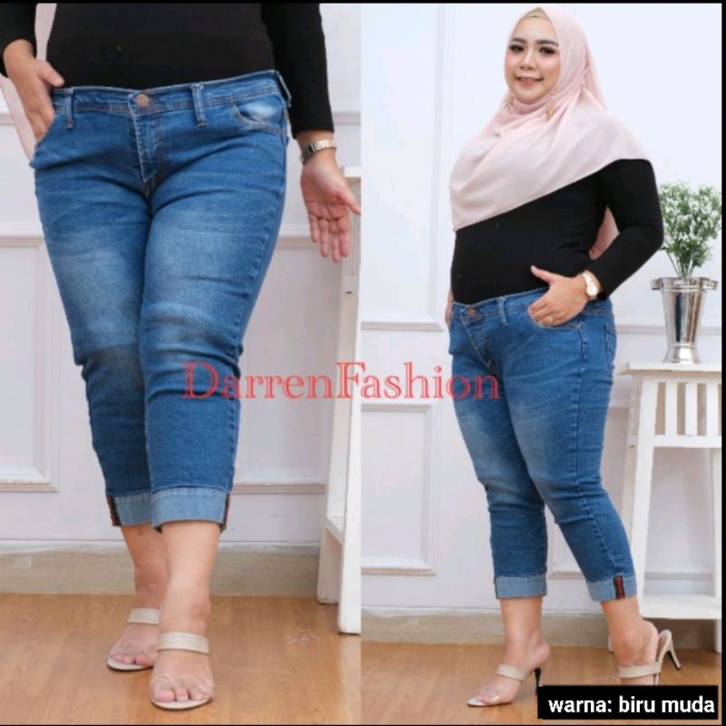 Celana 7/9 Wanita Jeans Stretch Wisker Jumbo Size 39-42 . Celana 7/9 Jeans Stretch Big Size Murah