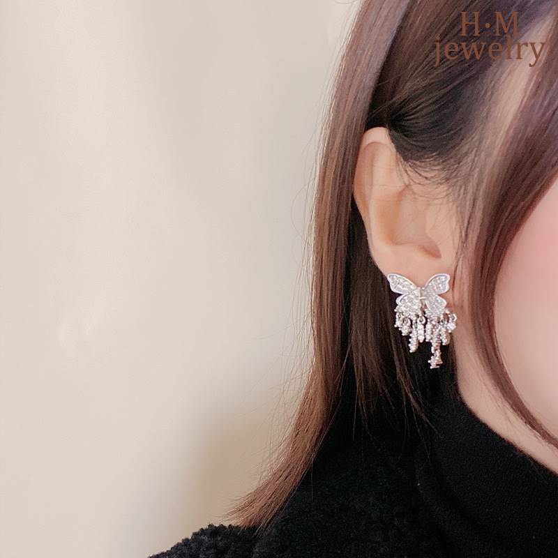 Anting Tusuk Gantung Sterling Silver 925 Desain Kupu-Kupu Hias Berlian Untuk Wanita Butterfly