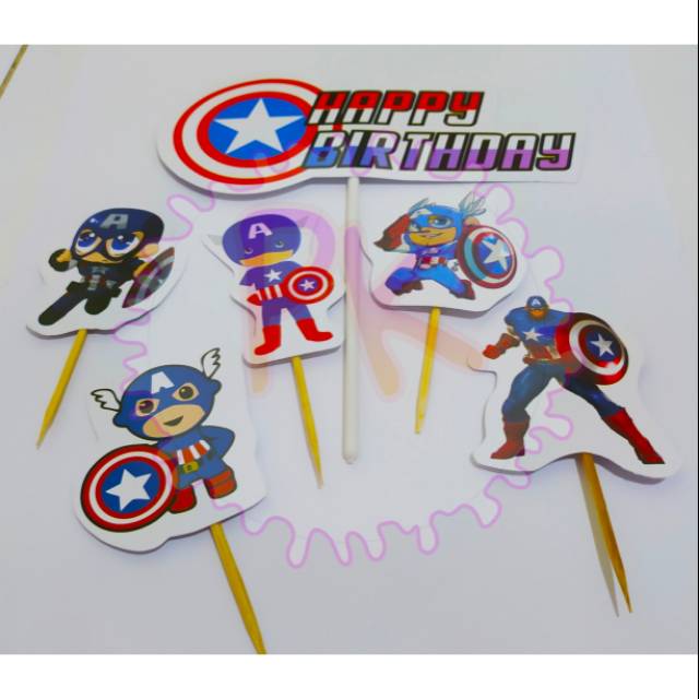 TERBARU { 1 Set } Topper Cake Happy Birthday Captain Amerika / Hiasan Kue Ulang Tahun Anak