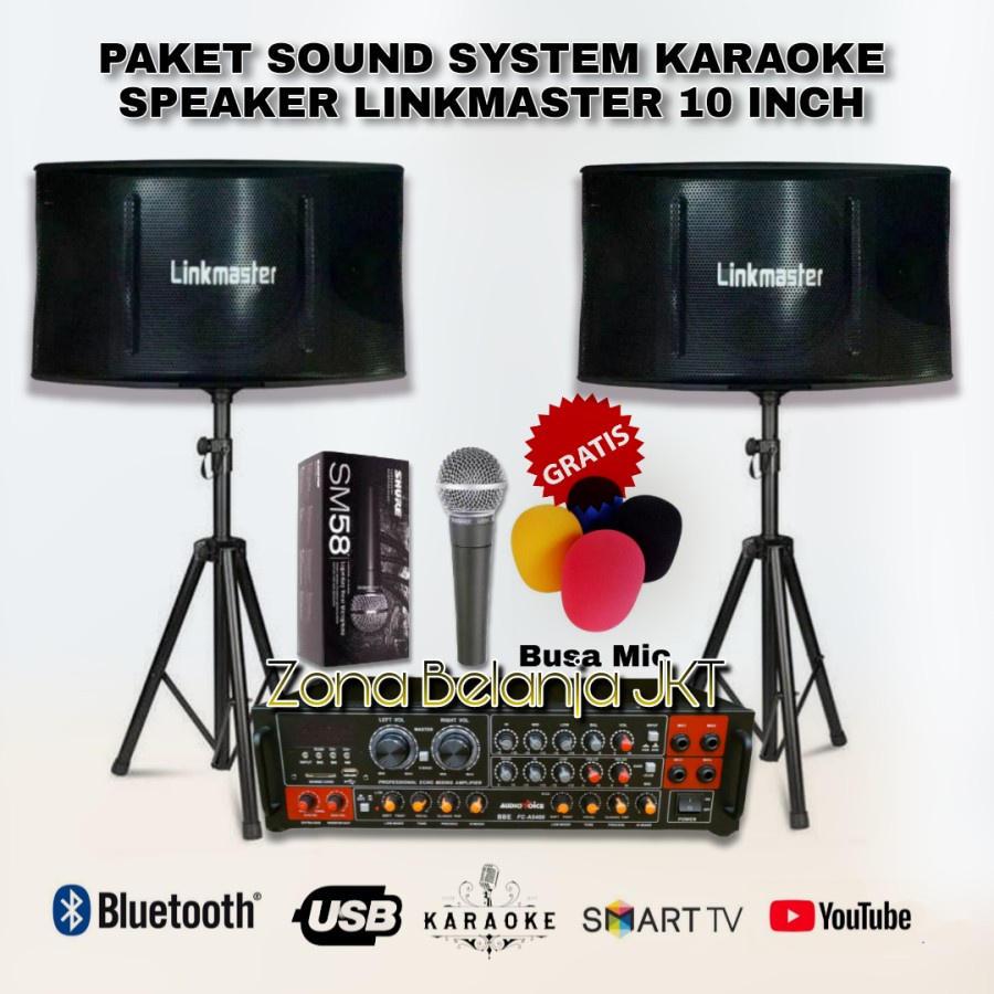 PAKET KARAOKE SOUND SYSTEM LINKMASTER SPEAKER 10 INCH AMPLI USB BLUETOOTH MIC KARAOKE RUMAHAN SIAP PAKAI (L-1)