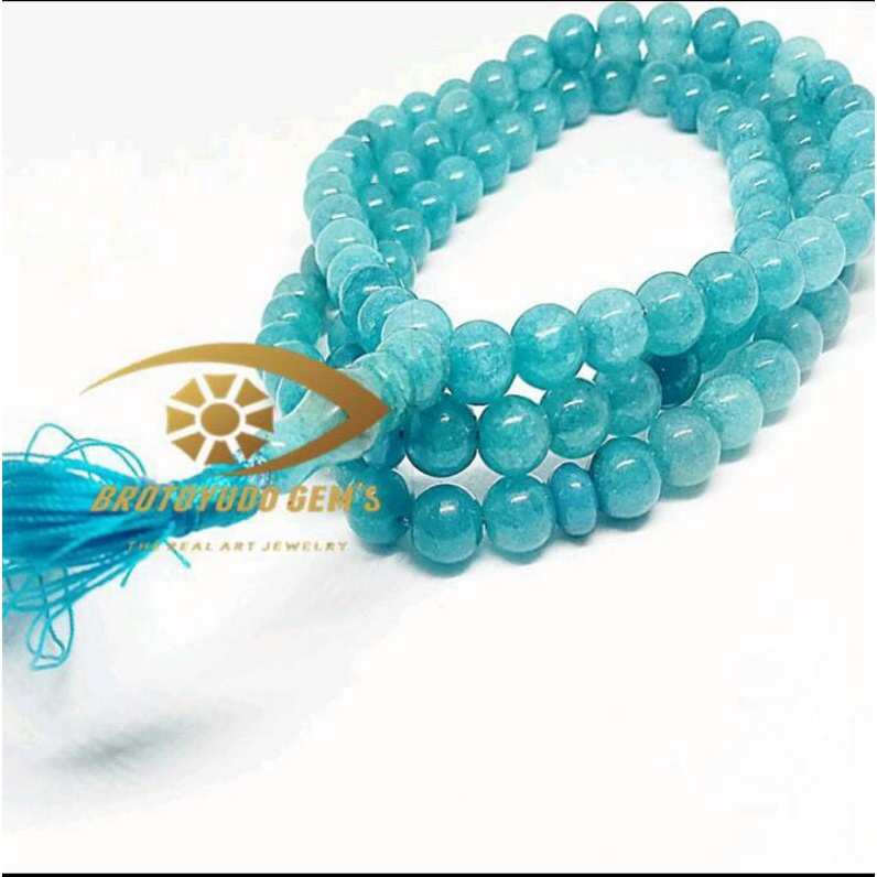 TASBIH BATU AQUAMARINE ASLI  99 BUTIR 8MM 100% NATURAL