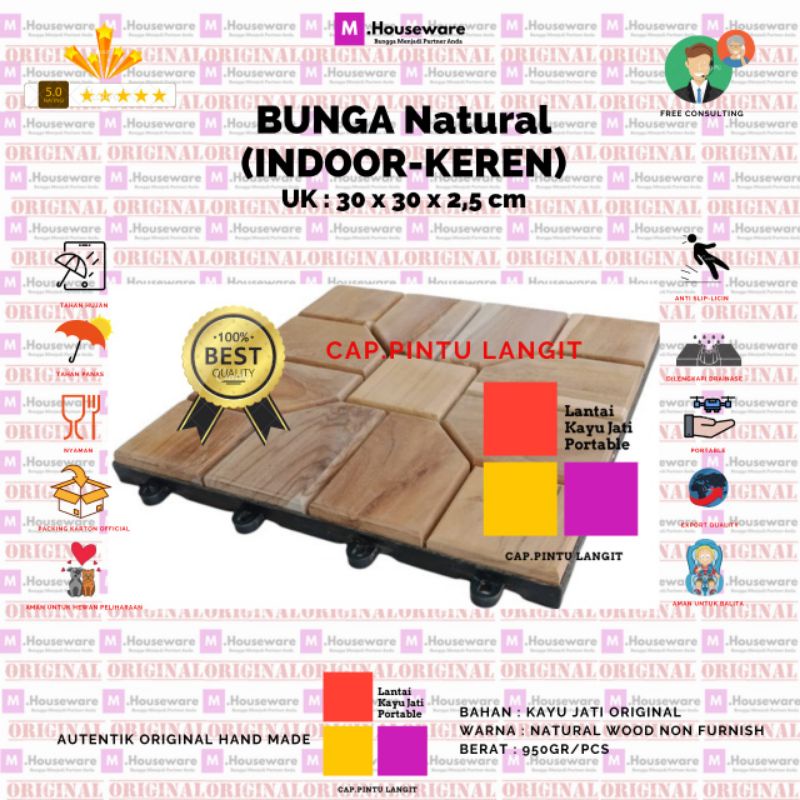 Lantai Kayu Jati Bongkar Pasang Motif Bunga UK 30x30cm / decking tile portable