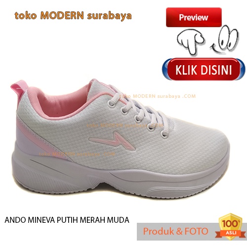 Sepatu wanita olahraga sneakers kets tali ANDO MINEVA PUTIH MERAH MUDA