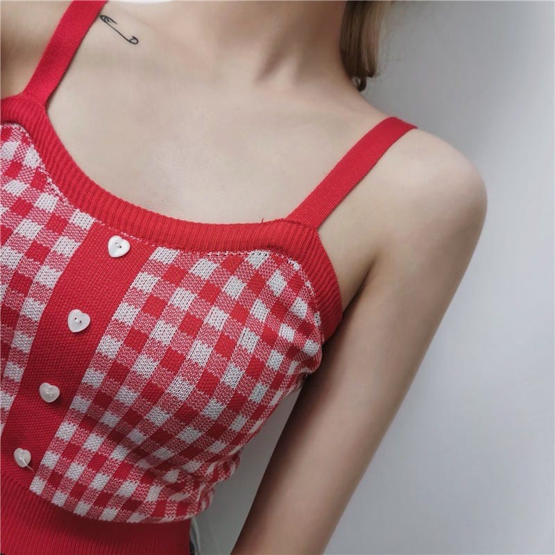 Crop Tank Top Kamisol Korea Tangtop Wanita Rajut Kotak-kotak Pendek Tali Kecil Model Cewek Korea