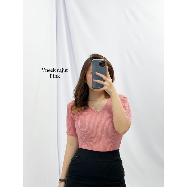 MDLV ~ V-Neck Rajut Atasan Rajut Atasan Kerah V Rajut Basic Fashion Wanita