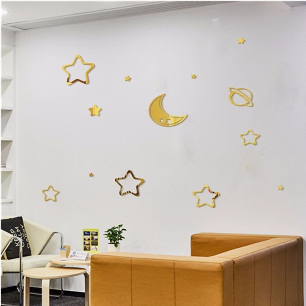 Populer Star Moon Planet Mirror Wall Sticker Dekorasi Rumah Cermin Kombinasi 3D Mini Sticker Mirror Art Wall Decor Mirror Sticker Cermin Reflektif Wallpaper