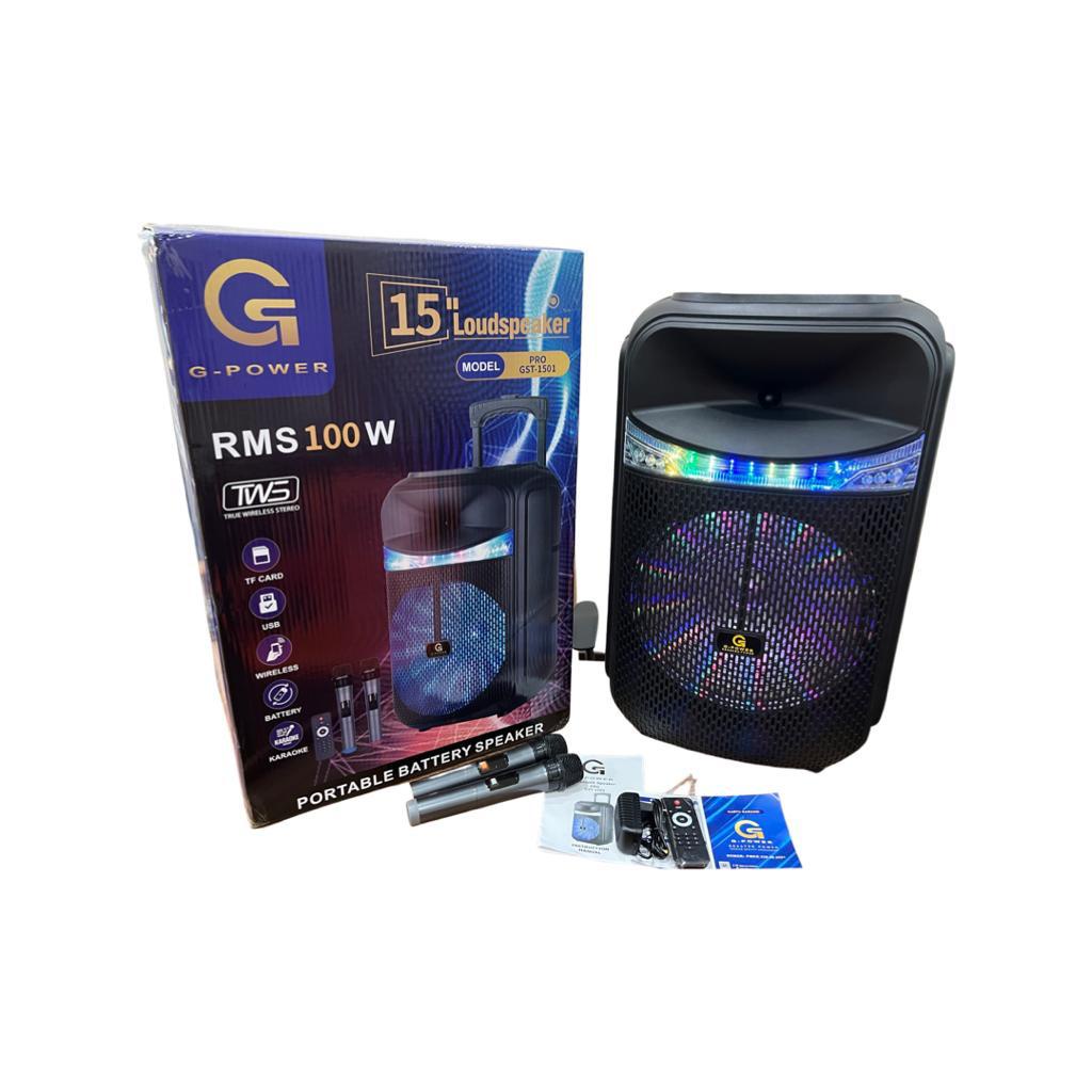 G-POWER PORTABLE BATTERY SPEAKER BLUETOOTH GST-1501 PRO 15INCH EXTRA BASS FREE 2 MICROPHONE WIRELESS ORIGINAL