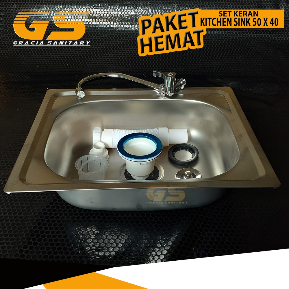 Bak Cuci Piring Stainless 50 X 40 Cm Sink Wastafell Komplite Kran Angsa Paket Komplite