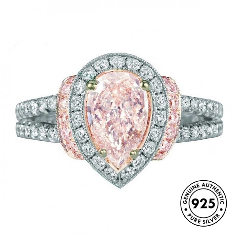 Cincin S925 Silver Bentuk Water Drop Aksen Berlian Warna Pink