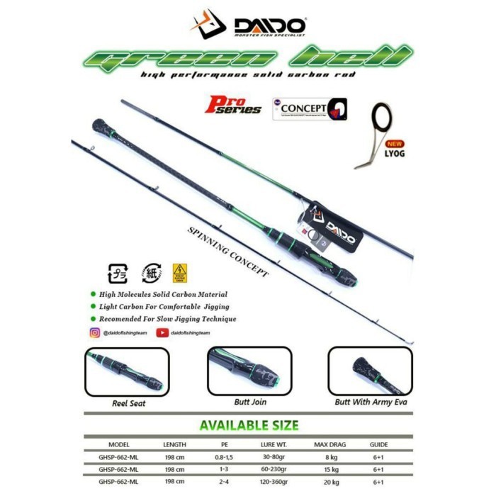 Joran Daido Green Hell 662 PE 0.8-1.5 1-3 2-4 SPINNING OH Packing PVC lebih AMAN