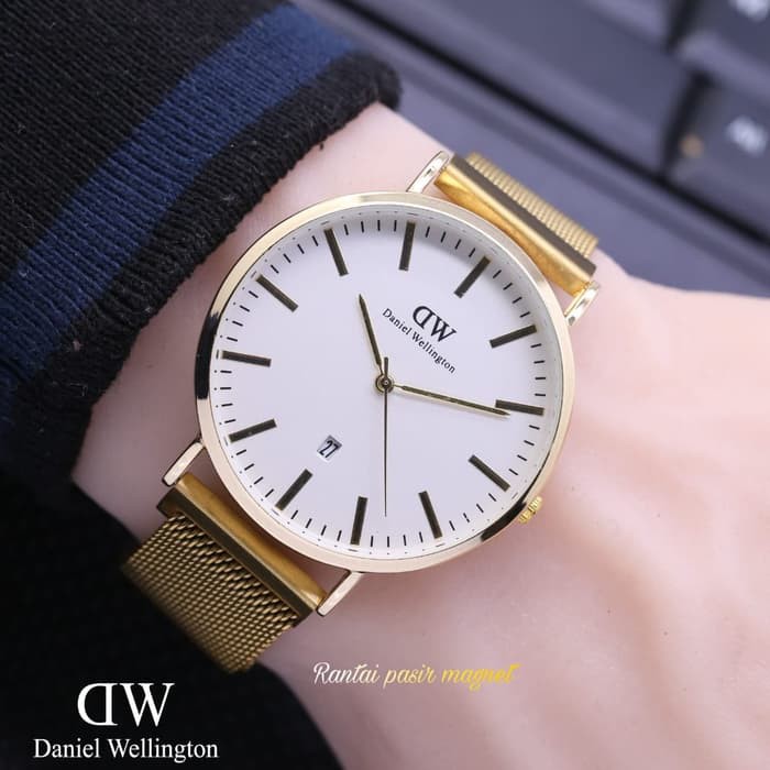 Jam Tangan Wanita / Pria DW Date Pasir Magnet Gold White
