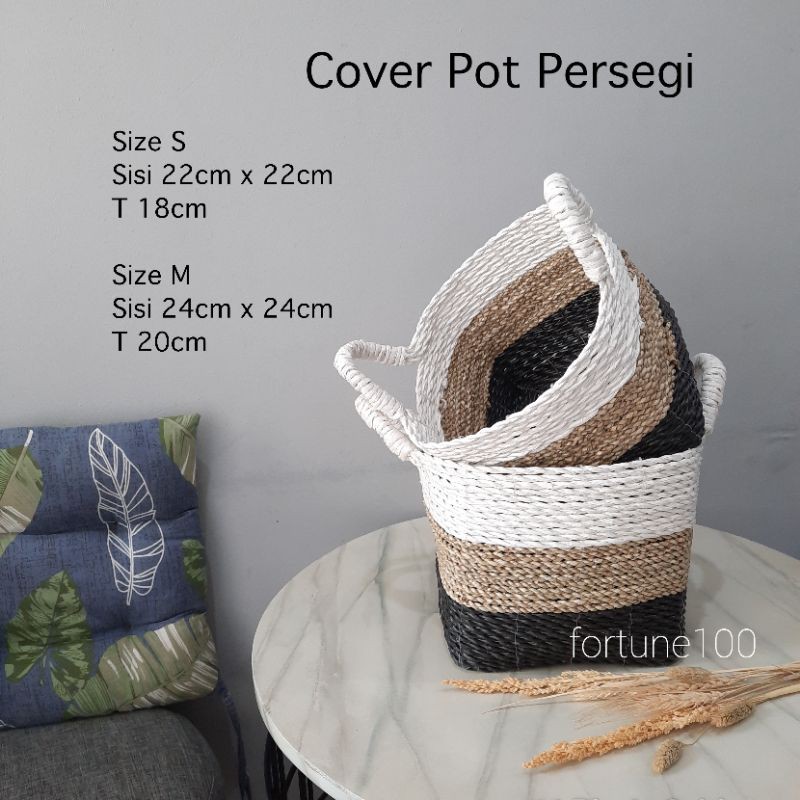 Cover Pot Seagrass Persegi / Coverpot Anyaman / Basket Handle L03