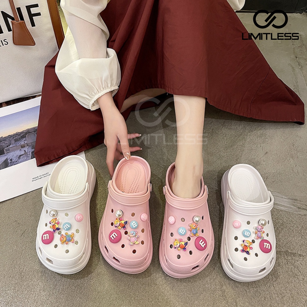 Sandal Wanita Selop Jibbitz Eva Rubber Sandal Fuji Wanita Wedges Platform Slop Viral Tebal Korean Style Sendal Bakpao Cewek Slip On Wedges