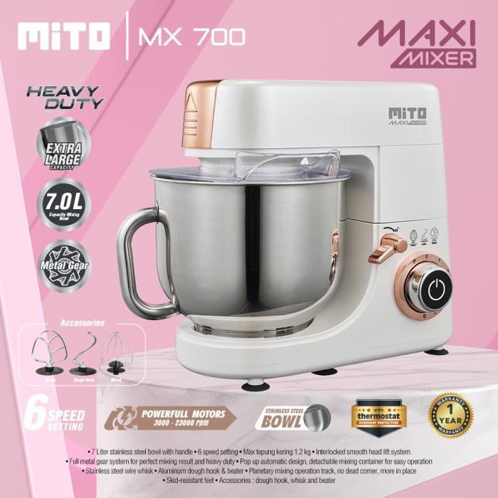 

MURAH MITO MX700 Maxi Stand Mixer 7 Liter Stainless Steel Heavy Duty - MX700 - Putih