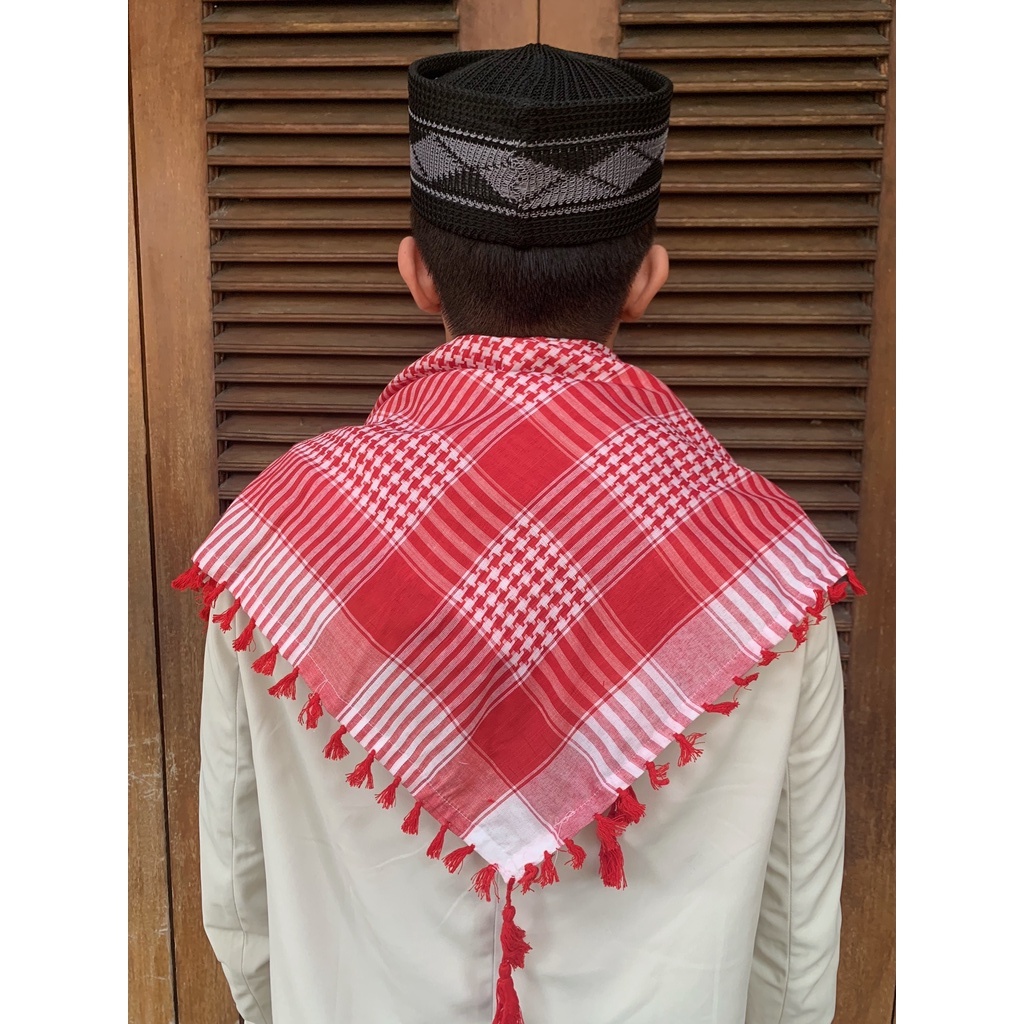 SORBAN MOTIF POLOS MOZAIK AMBANI CIAMIK SUPER PREMIUM PANJANG SAJADAH TASBIH PECI RAJUT QURAN DEWASA ANAK BAYI POLOS MOTIF HITAM PUTIH SOUVENIR NU KOPIAH ALAS HAJI UMROH-Merah