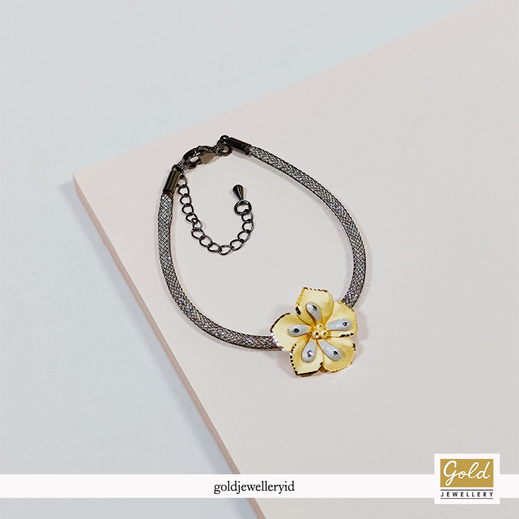 Gelang tali emas kuning kadar 700 70% charm bunga lily tali glitter