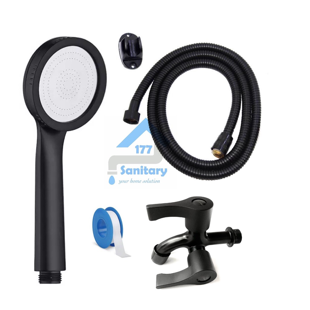 Paket bundling Super Hand shower HITAM 19007bl-51B- Handshower mandi set dan keran cabang shower double black semprotan air hemat air black murah