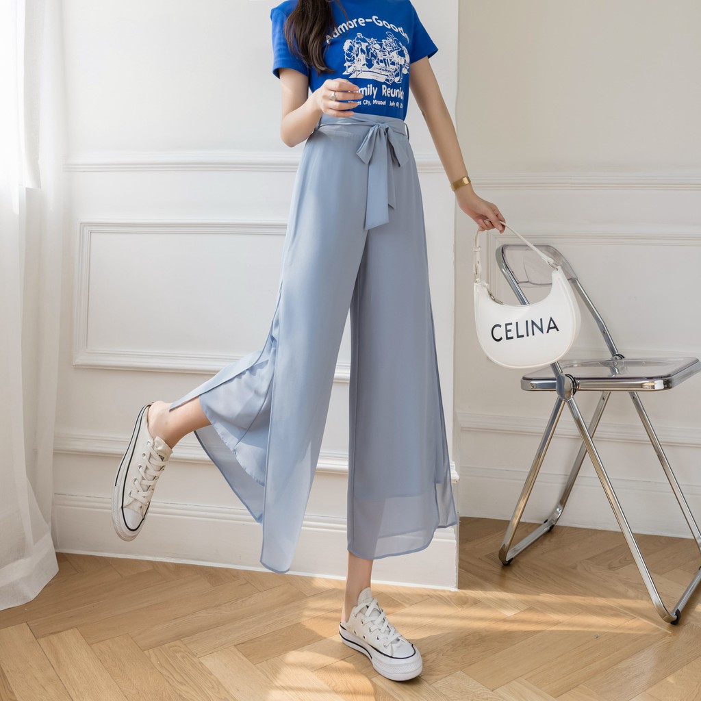 【Blossom】Korean Tie Front Cropped Solid Wide Leg Pants 7257