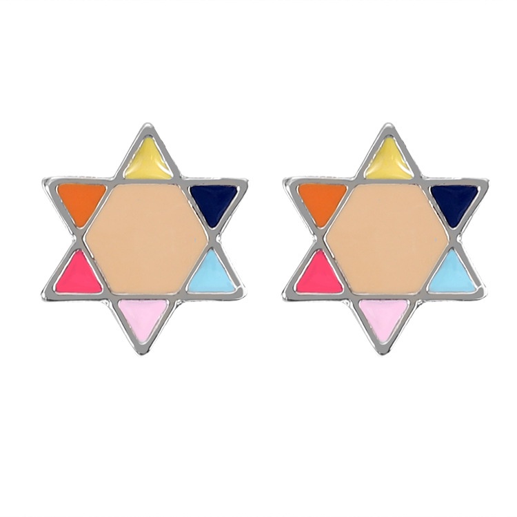 Kecil lucu kartun pola berlian anting-anting warna-warni heksagram stud anting-anting Pentagram anti