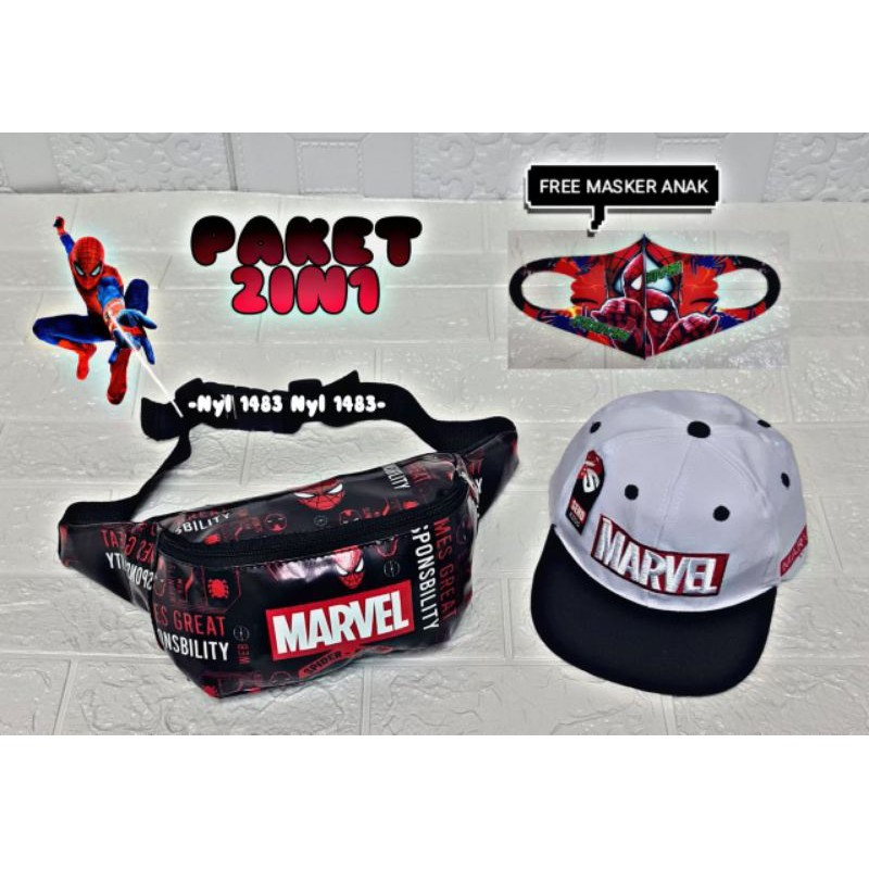 {BISA COD} 2IN1 Tas Waistbag anak SUPERHERO/ free topi anak +masker