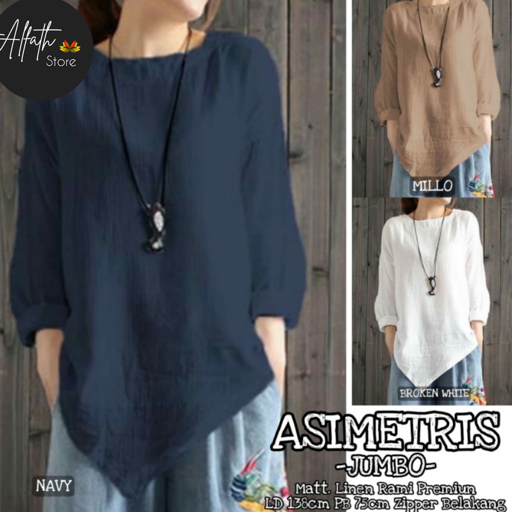 Original by Al Fath Asimetris Blus Jumbo Wanita LD 138 cm Blus Polos Linen Rami Adem Atasan Blus Ker