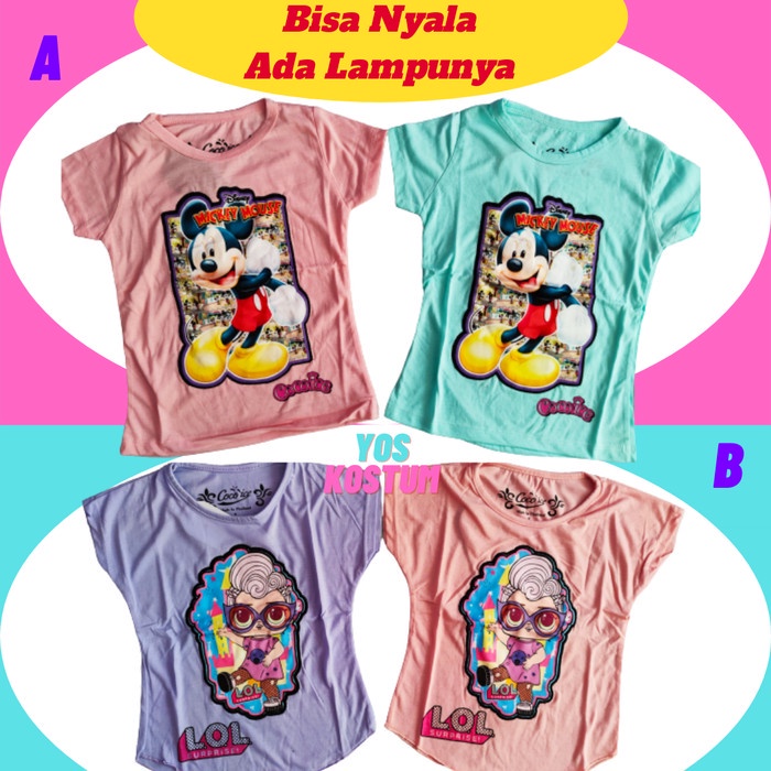 Kaos Anak Perempuan Nyala Baju Karakter Cewek Lol Mickey Minnie Mouse Lampu Coco Ice