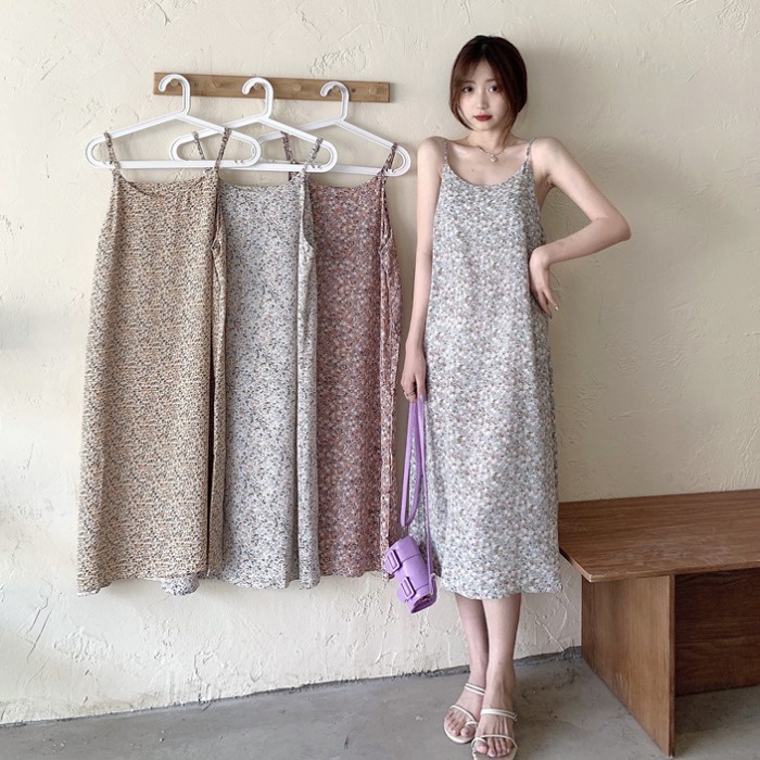 MOOGU ♡ Maxi dress suspender chiffon wanita gaun panjang bunga korea