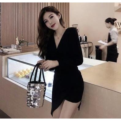 Korean Bodycon Long Sleeve Mini Dress Wanita Lengan Panjang 1119  (XS-XL)