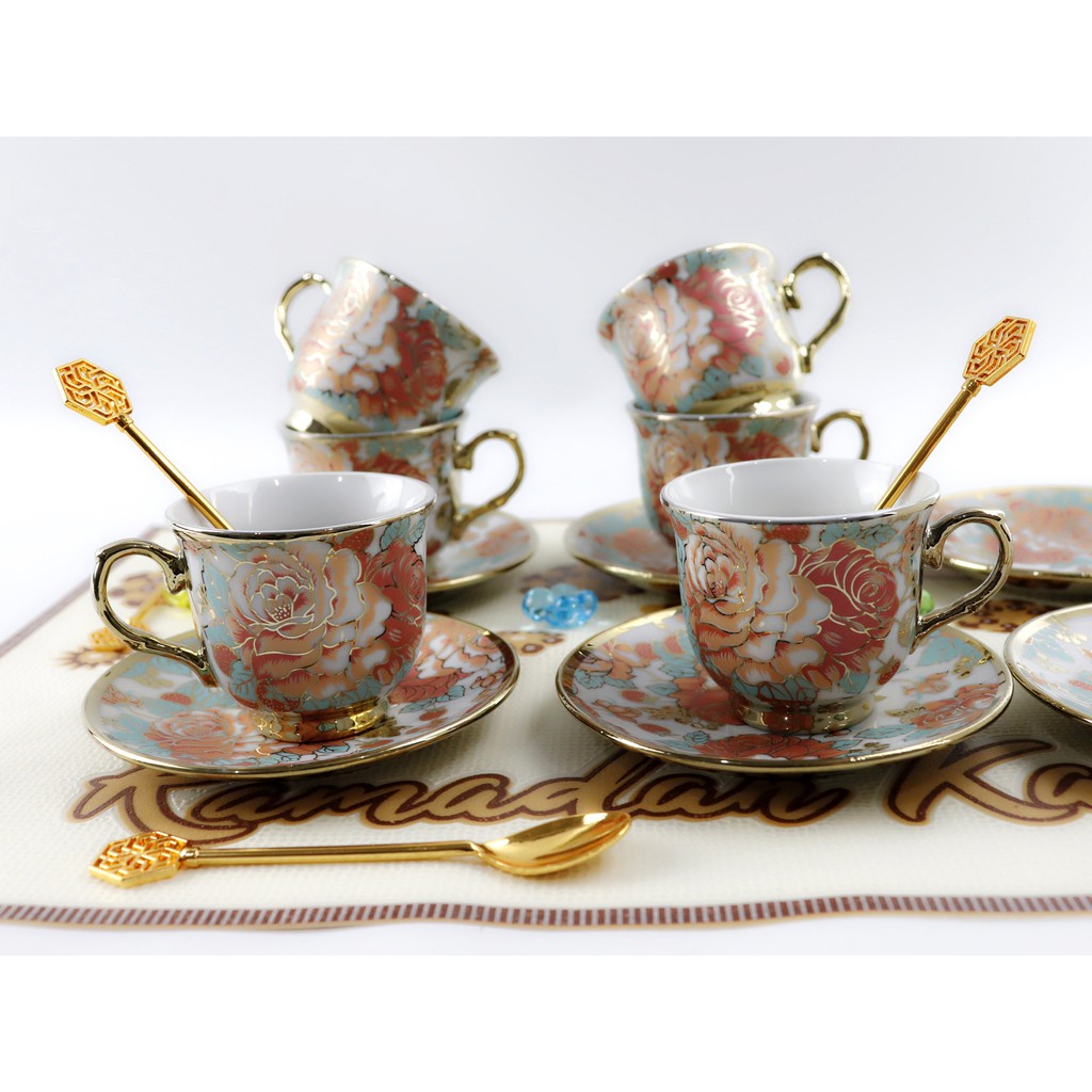 Cangkir Teh Keramik Motif Bunga Gold Set 12pc