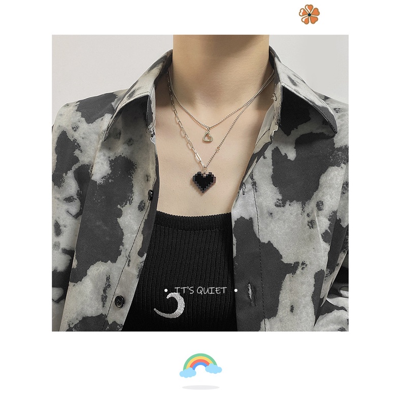 Mosaik hitam Cinta pixel peach jantung double layer twin kalung wanita ins dingin gaya hip hop niche