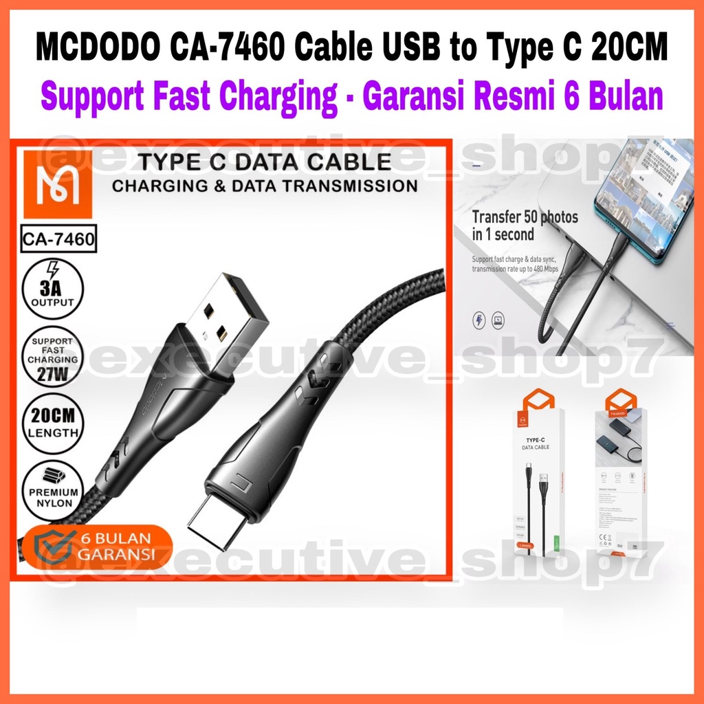 MCDODO CA-7460 Cable USB to Type C 20CM - Support Fast Charging - Garansi Resmi 6 Bulan