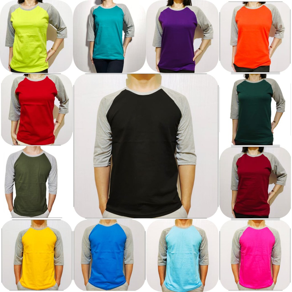 kaos polos raglan  biru langit lengan abu misty 3/4 20 22 S M L XL XXL