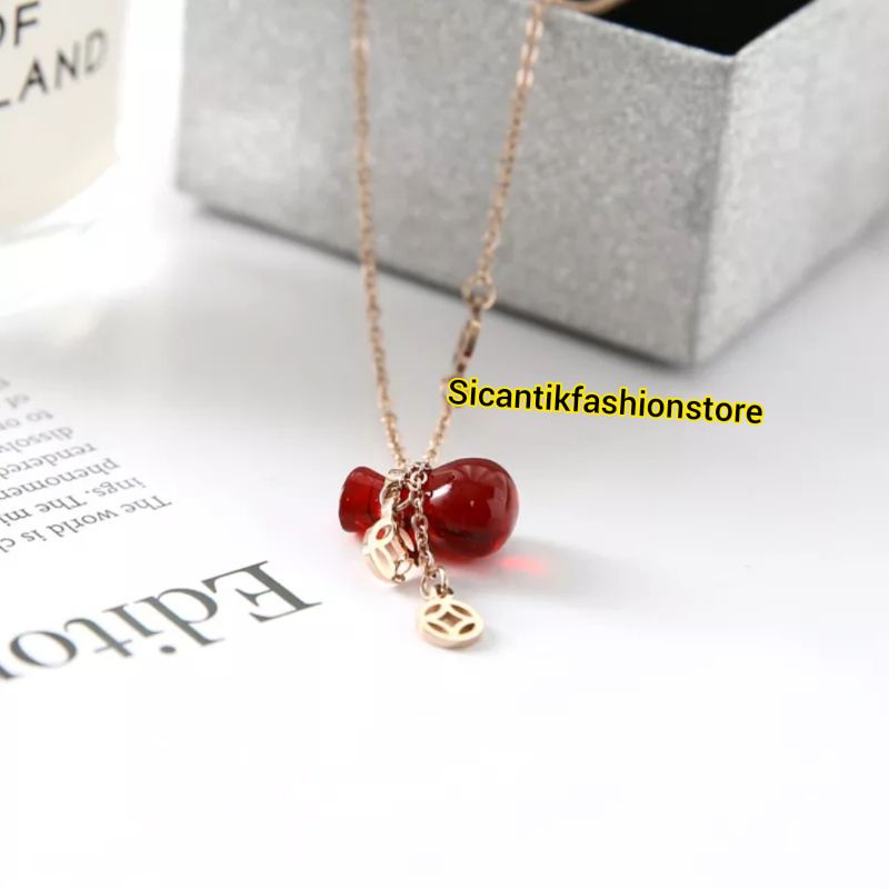 Kalung Titanium Wanita Liontin Batu Merah Delima Fashion Wanita Terlaris Anti Karat Selamanya Kalung Wanita Liontin Batu Merah Delima Kalung Rantai Rose Gold Kalung Rantai Gold Titanium plus Liontin