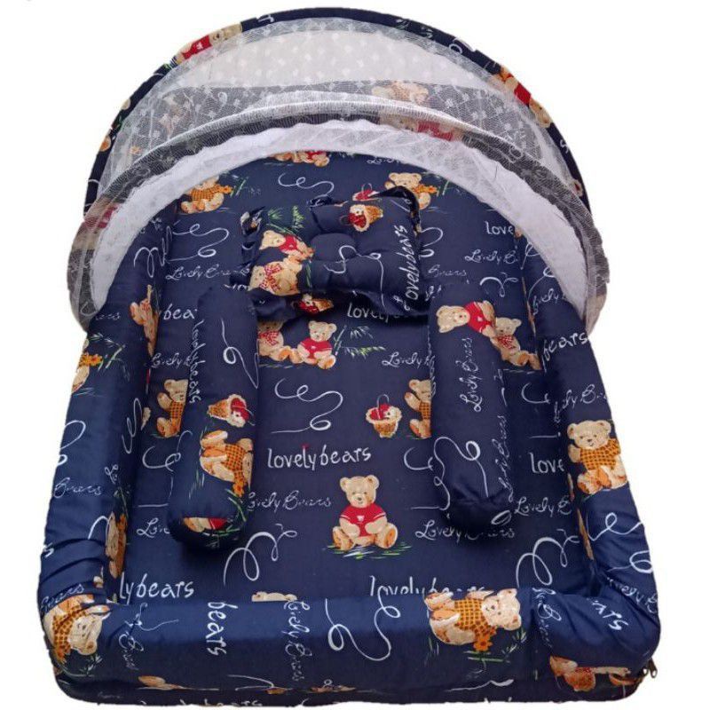 Kasur Bayi Model Kolam 1 Set Dengan Kelambu Beruang Navy