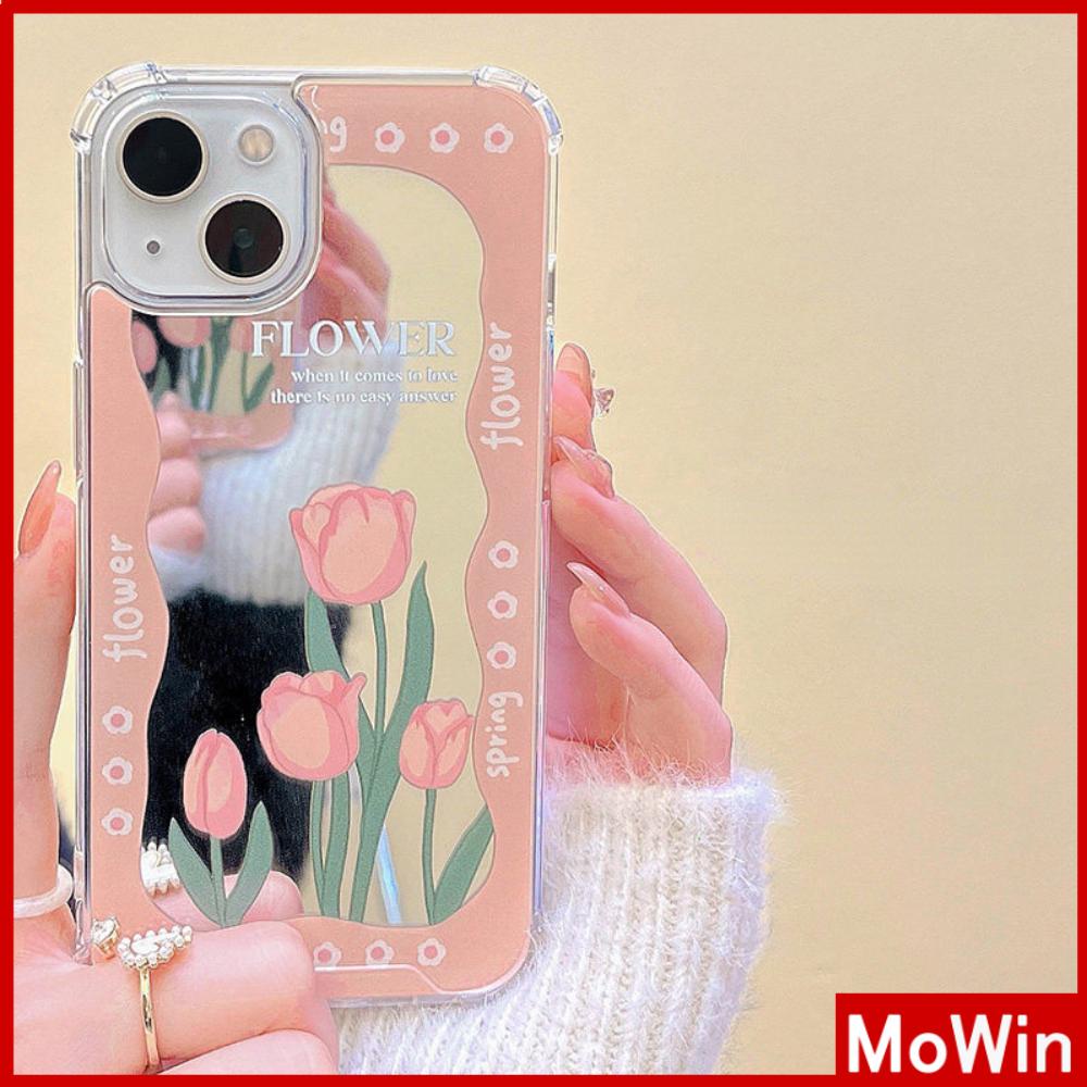 iPhone Case Acrylic Reflective Mirror Airbag Shockproof Protection Camera Pink Tulip Flower Compatible with iPhone 11 iPhone 13 Pro Max iPhone 12 Pro Max iPhone 7 Plus iPhone xr