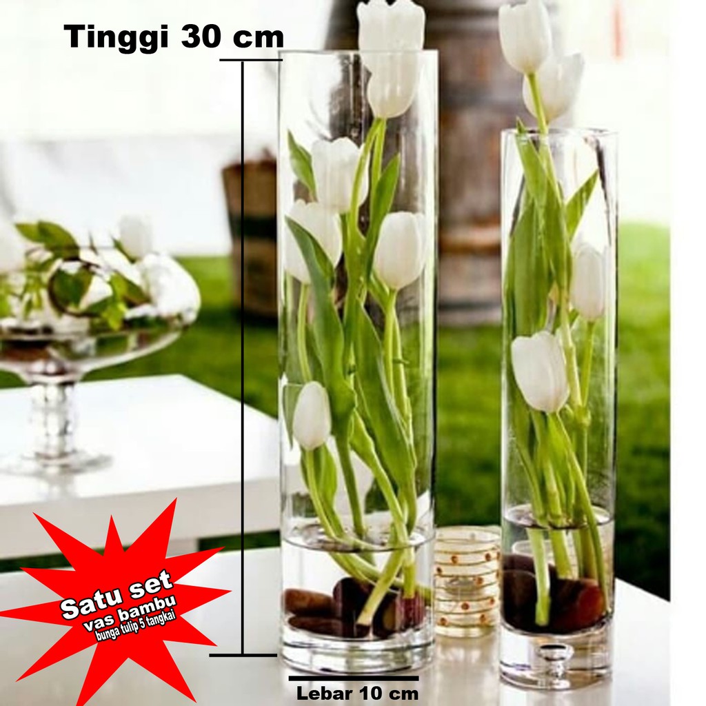Naindo Satu Set vas bambu kaca Plus B tulip 5 tangkai hiasan ruang tamu & kantor-bunga sudut