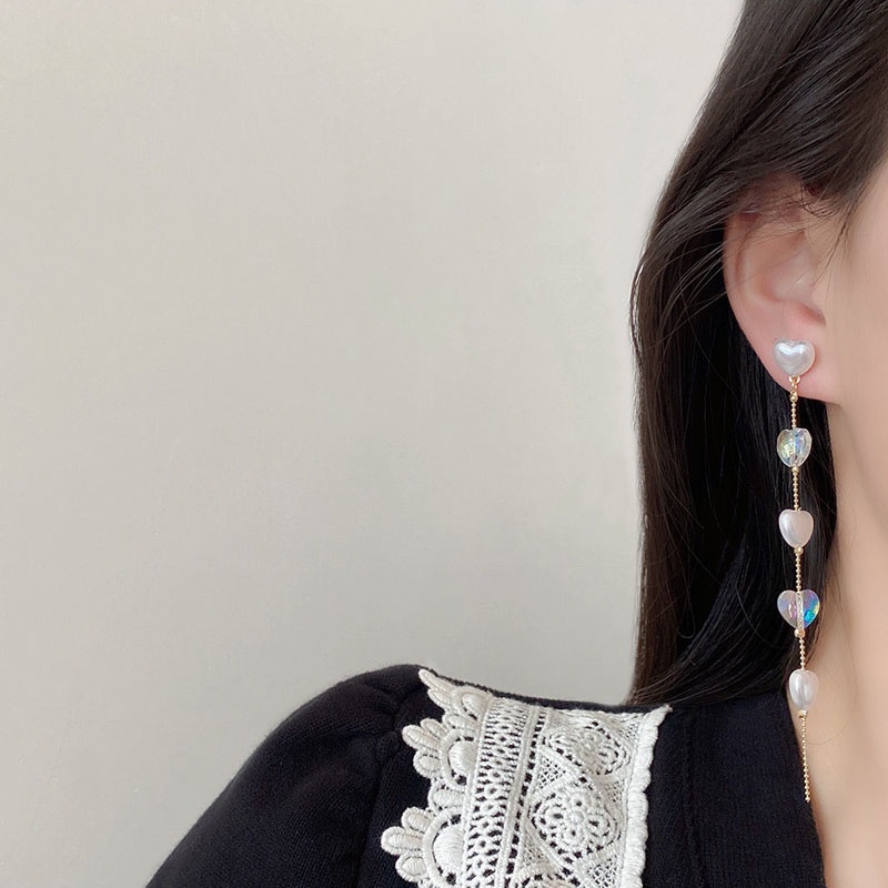 Anting Rumbai Panjang Aksen Mutiara Kristal Bahan 925 silver needle