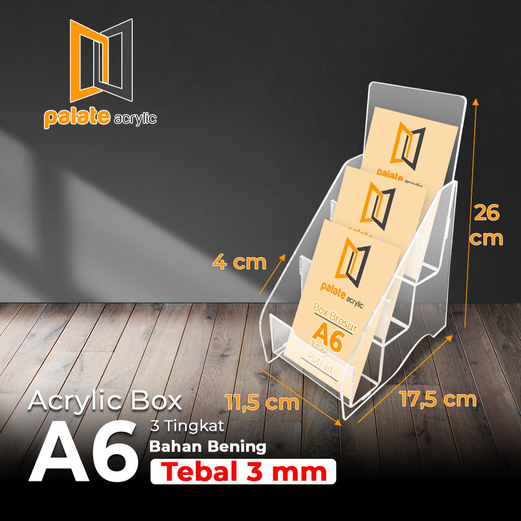 

TEMPAT BROSUR A6 3 SUSUN / AKRILIK RAK BROSUR A6 3 LAYER TERLARIS 3MM