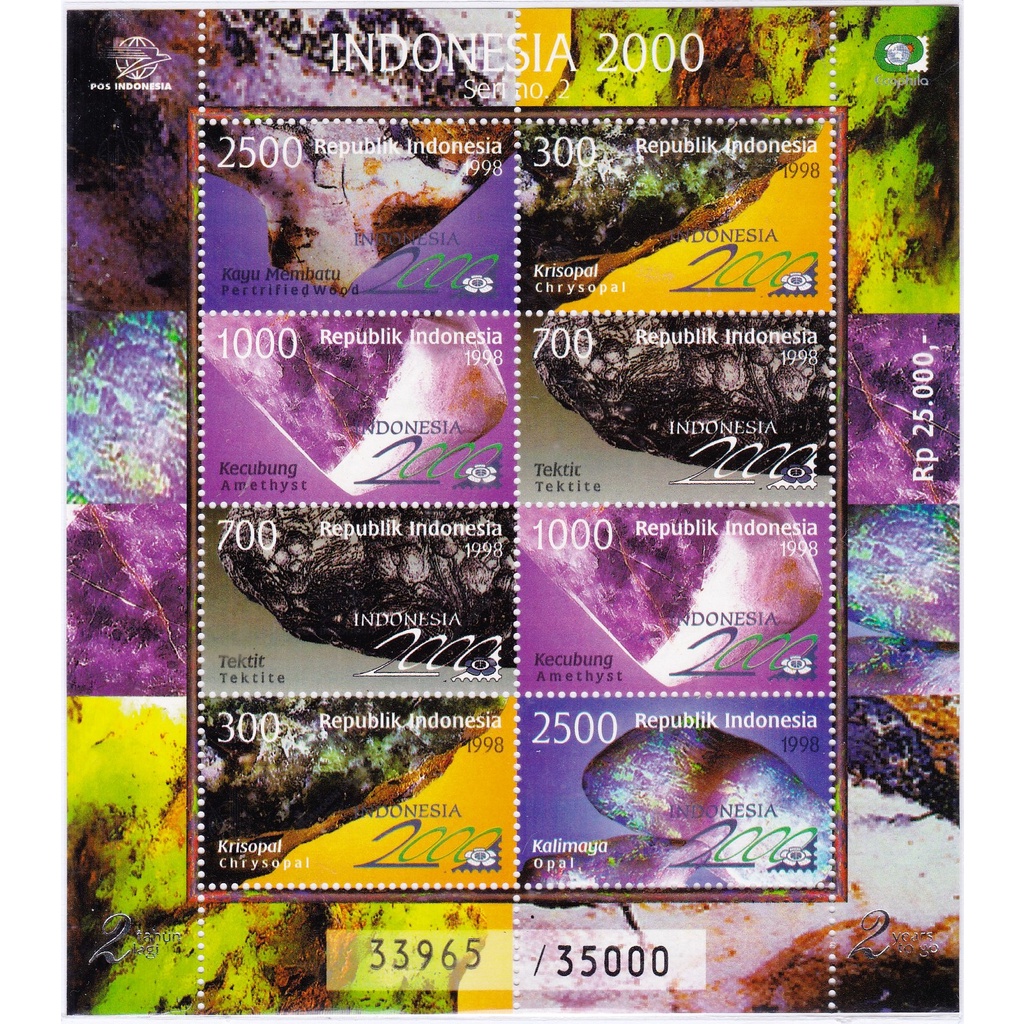 

Perangko Indonesia 1998 Batuan Kristal Kalimaya Kecubung Tektit Sheet MNH