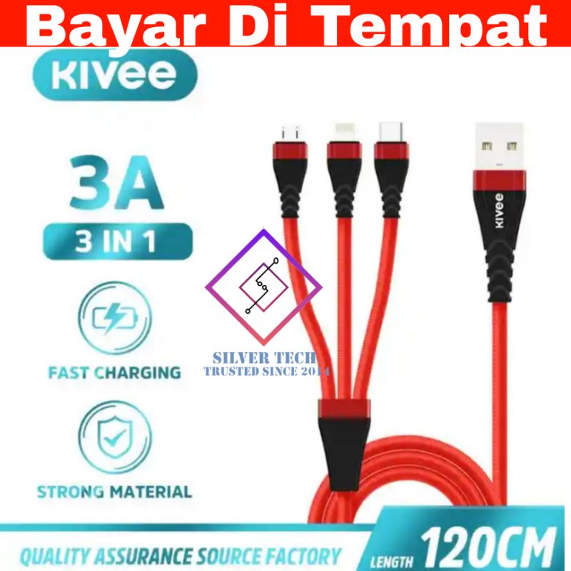 Kivee Kabel data 3.0 Amp 3 in 1 Fast Charging Micro Lightning Tipe C Kabel data 3 in 1 Fast Charging