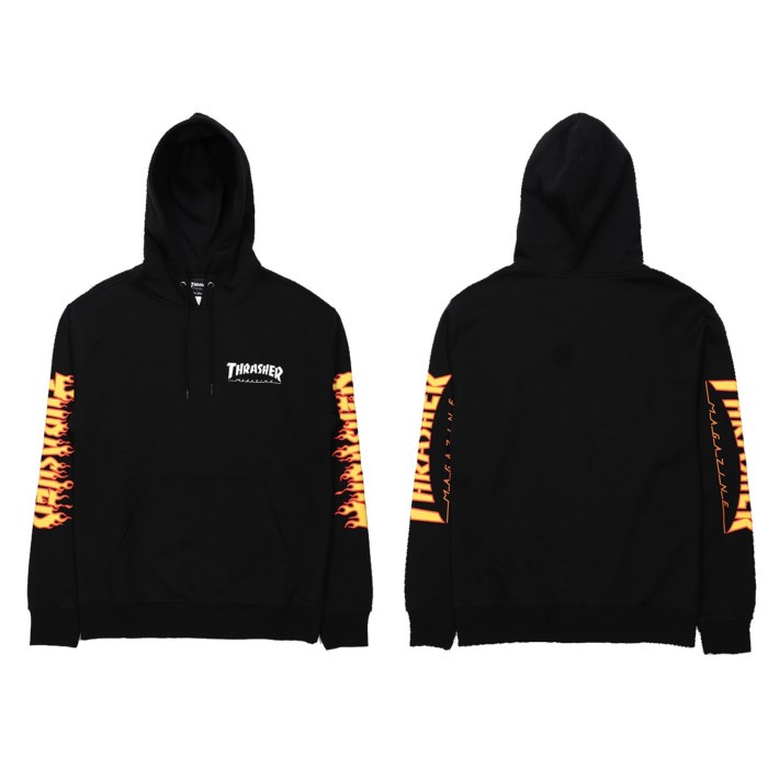 Thrasherr Japan Licensed Flame Hooded Black