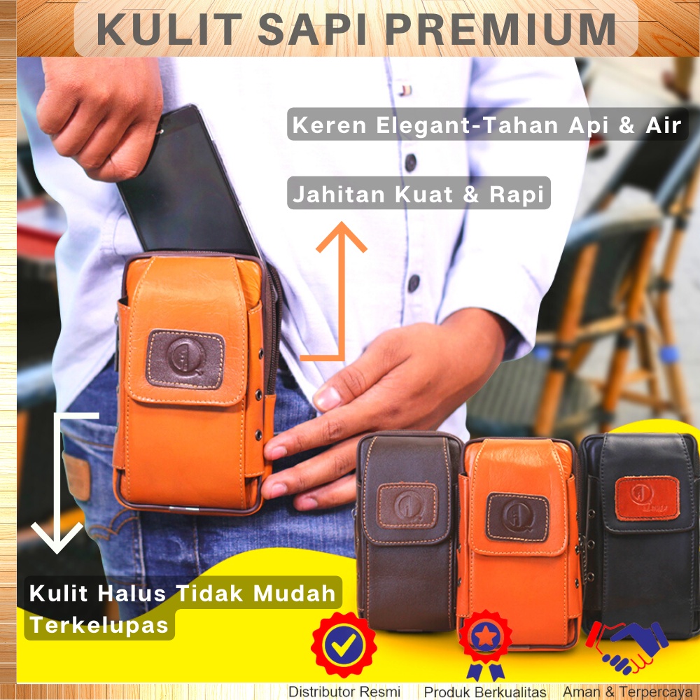 Tas Pinggang Pria Kulit Sapi Asli Handphone Waistbag Tas HP P008 Pinggang Multifungsi Bahan Kulit Sapi Asli