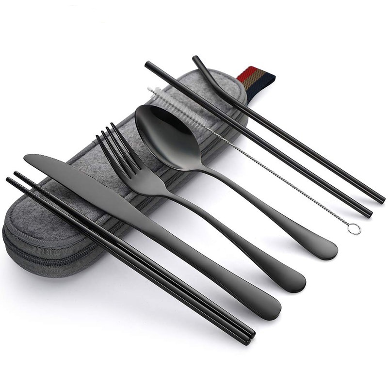 Knifezer Set Alat Makan Sendok Garpu Pisau Sumpit Sedotan Besi Japanese Style - EA02300 - Black